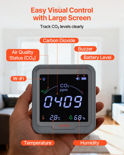 Carbon Dioxide Monitor, CO2 Controller with Temperature and Humidity Display, 15ft NDIR Sensor Cable Carbon Dioxide Detector, CO2 Sensor for Outdoors, Home, Office, Car, Wall-Mounted Use