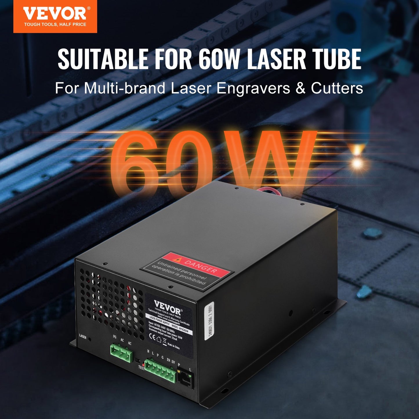 CO2 laser power supply for 60W laser tube, constant current protection, open circuit protection, fast heat dissipation, compatible with laser engravers and cutters of multiple brands