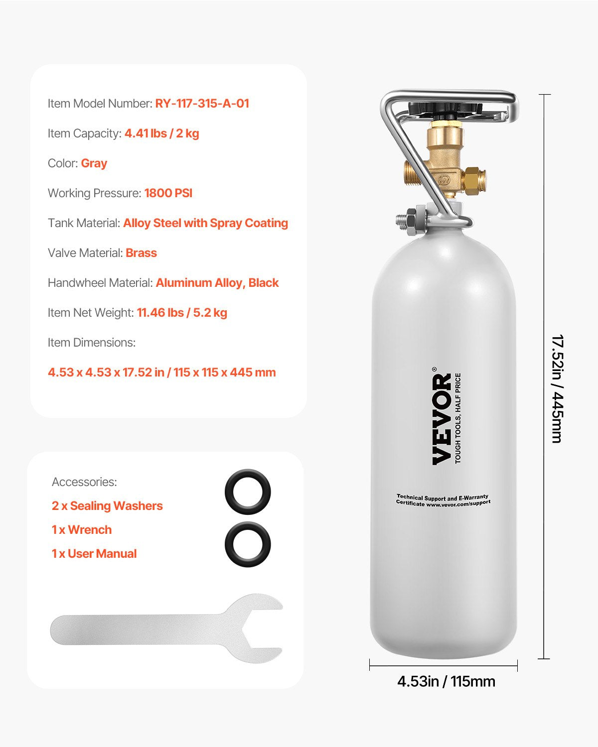 CO2 Tank 4.41 lbs Aluminum Alloy Cylinder with DIN477 Valve TUV Approved