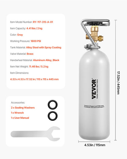 CO2 Tank 4.41 lbs Aluminum Alloy Cylinder with DIN477 Valve TUV Approved