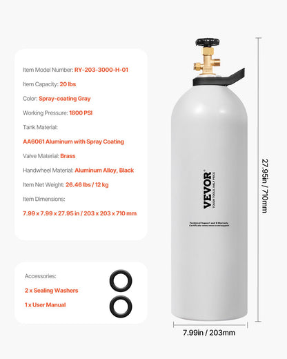 CO2 Tank, 20 lbs New Aluminum Alloy Cylinder, CO2 Air Tank with Spray Coating, CGA320 Valve, Handle & Adjustable Pressure, DOT & TC Approved Cylinder for Draft Beer Dispensing and Soda Maker