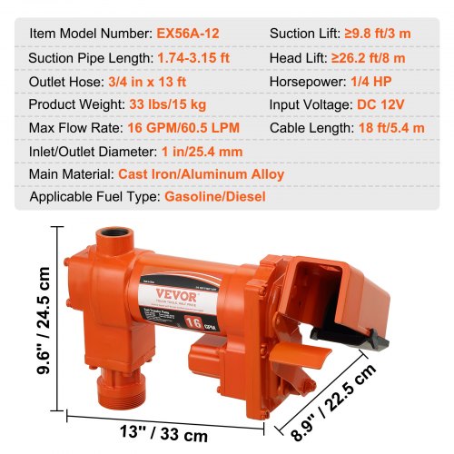 Bränsleöverföringspump, 12V DC 16 GPM 1/4 hk, Bensinutsugspump med automatiskt munstycke, utloppsslang och sugrör för bensin, diesel, fotogen, etanol- och metanolblandningar samt biodiesel |  EU