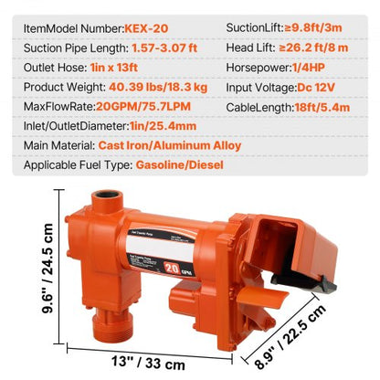 Bränsleöverföringspump, 12V DC 20 GPM 1/4 hk, Bensinutsugspump med automatiskt munstycke, utloppsslang och sugrör för bensin, diesel, fotogen, etanol- och metanolblandningar samt biodiesel |  EU
