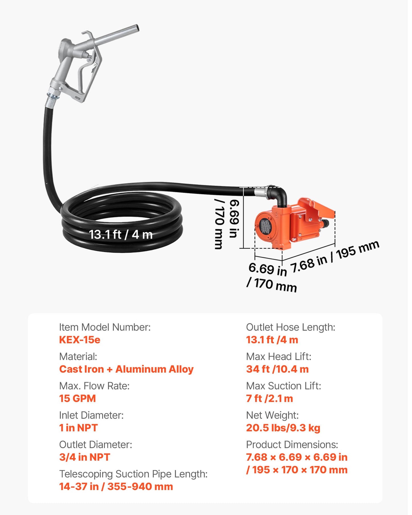 Fuel Transfer Pump, 12V DC 15 GPM, Cast Iron Diesel Transfer Pump Kit, with Manual Nozzle, Discharge Hose, Overheat Protection, Power Cable, Explosion-Proof, for Gasoline Diesel Kerosene & More