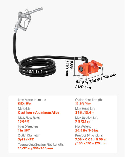 Fuel Transfer Pump, 12V DC 15 GPM, Cast Iron Diesel Transfer Pump Kit, with Manual Nozzle, Discharge Hose, Overheat Protection, Power Cable, Explosion-Proof, for Gasoline Diesel Kerosene & More