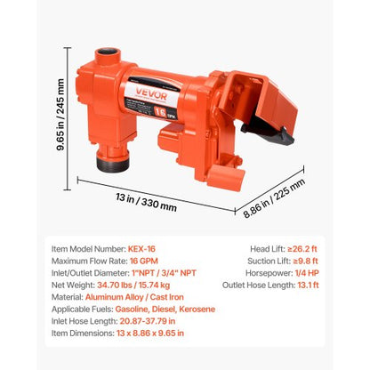 Fuel Transfer Pump, 61 L/min Flow Rate, 1/4 HP 186 W Horsepower, 12 V DC Diesel Transfer Pump with Manual Nozzle, Outlet and Suction Hose, for Gasoline, Kerosene, Ethanol Blends, Methanol, Biodiesel | EU