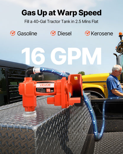 Fuel Transfer Pump, 12V DC 16 GPM 1/4 HP Diesel Pump, Extractor Pumps with Manual Nozzle, Discharge Hose and Suction Pipe, for Gasoline, Diesel, Kerosene, Ethanol-Methanol Blends & Biodiesel