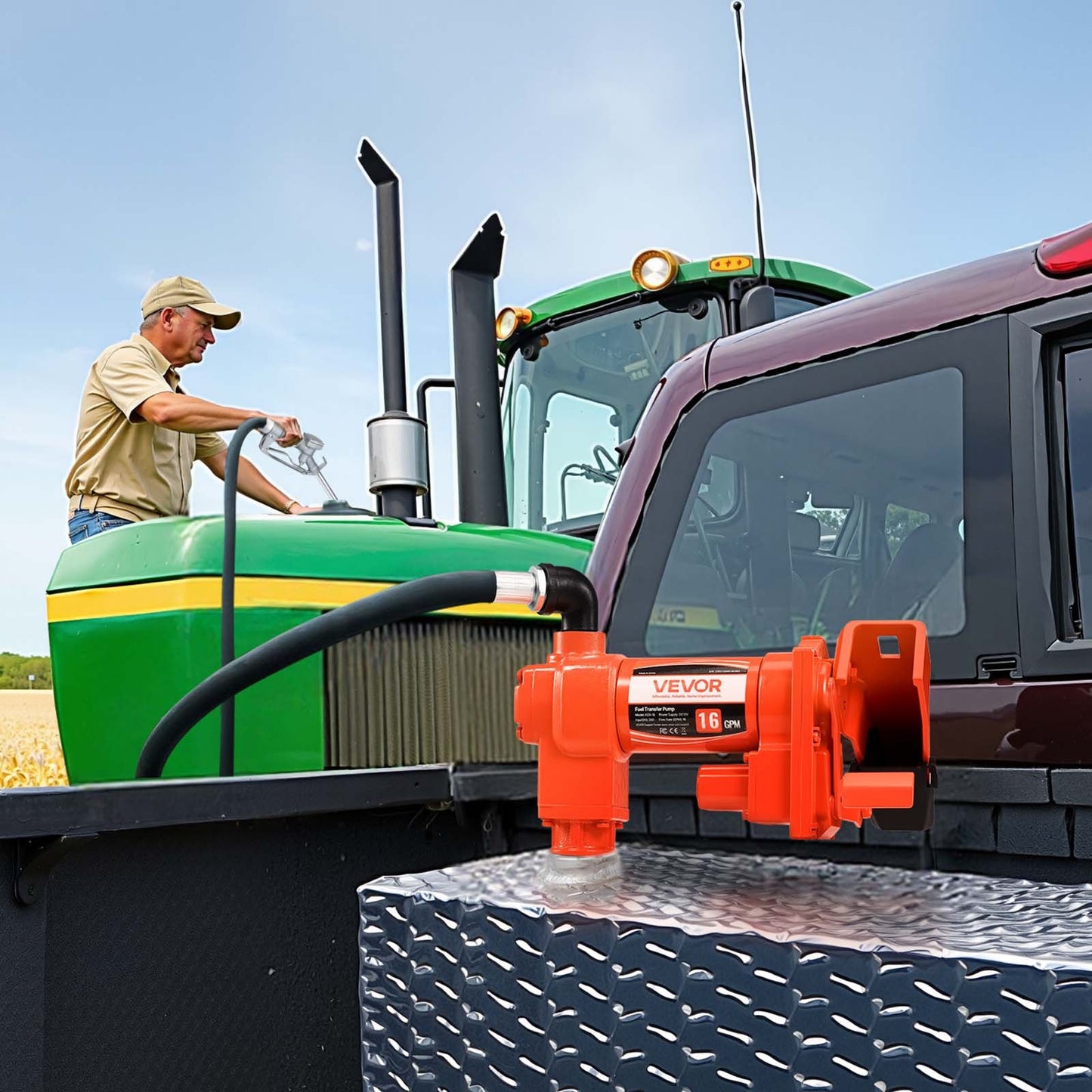 Fuel Transfer Pump, 12V DC 16 GPM 1/4 HP Diesel Pump, Extractor Pumps with Manual Nozzle, Discharge Hose and Suction Pipe, for Gasoline, Diesel, Kerosene, Ethanol-Methanol Blends & Biodiesel