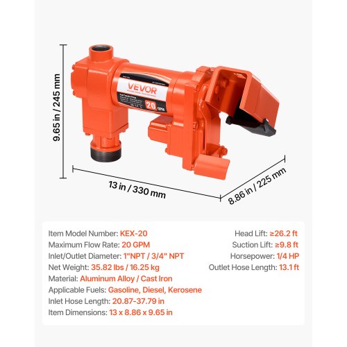 Explosion-proof fuel transfer pump, flow rate 76 l/min, power 1/4 hp 186 W, 12 V DC fuel transfer pump, with manual nozzle, exhaust and suction pipe, suitable for gasoline, diesel and kerosene | EU