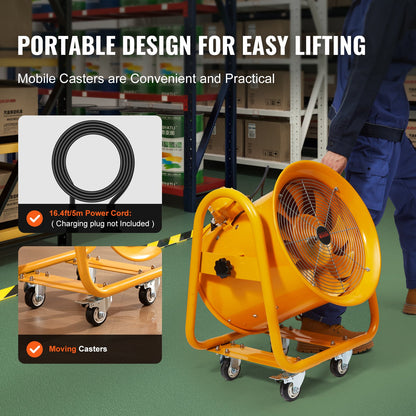 Portable Ventilator, 16" Heavy Duty Cylinder Fan, 1100W Strong Shop Exhaust Fan 4240CFM, 16.4ft Power Cord (No charging head), Industrial Utility Blower for Sucking Dust, Smoke Home/Workplace