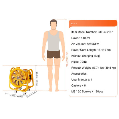 Portable Ventilator, 16" Heavy Duty Cylinder Fan, 1100W Strong Shop Exhaust Fan 4240CFM, 16.4ft Power Cord (No charging head), Industrial Utility Blower for Sucking Dust, Smoke Home/Workplace