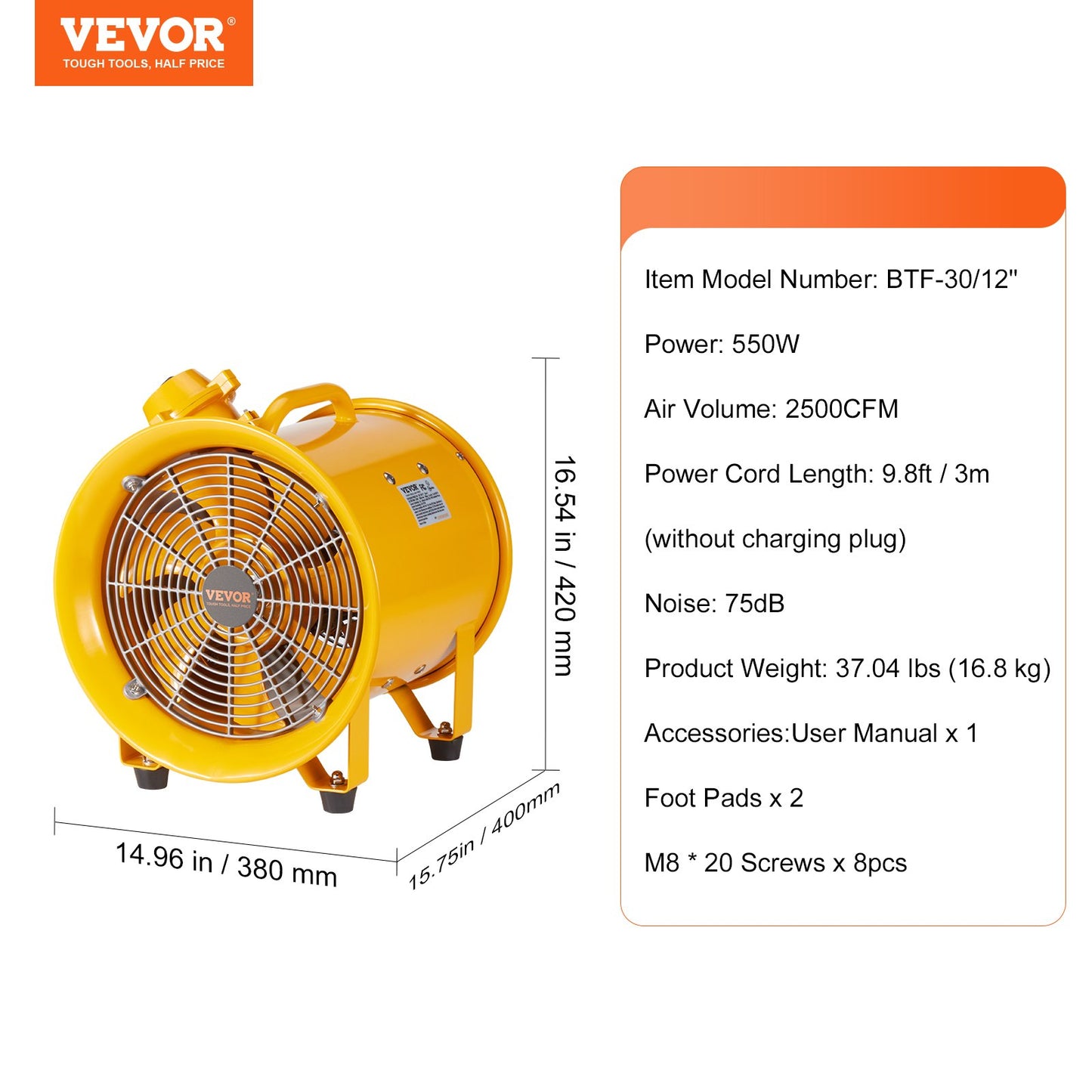 Portable Ventilator, 12" Heavy Duty Cylinder Fan, 550W Strong Shop Exhaust Fan 2500CFM, 9.8ft Power Cord (No charging head), Industrial Utility Blower for Sucking Dust, Smoke Home/Workplace