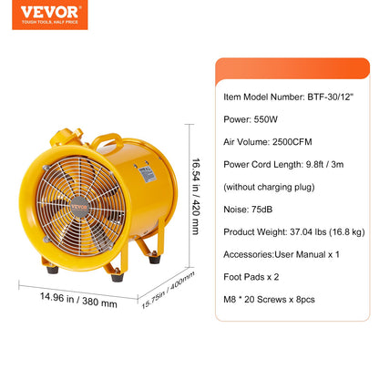 Portable Ventilator, 12" Heavy Duty Cylinder Fan, 550W Strong Shop Exhaust Fan 2500CFM, 9.8ft Power Cord (No charging head), Industrial Utility Blower for Sucking Dust, Smoke Home/Workplace