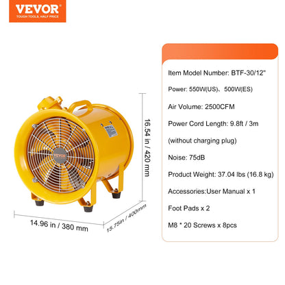 304.8mm Blower Fan Portable 3m Power Cord Ventilator Industrial