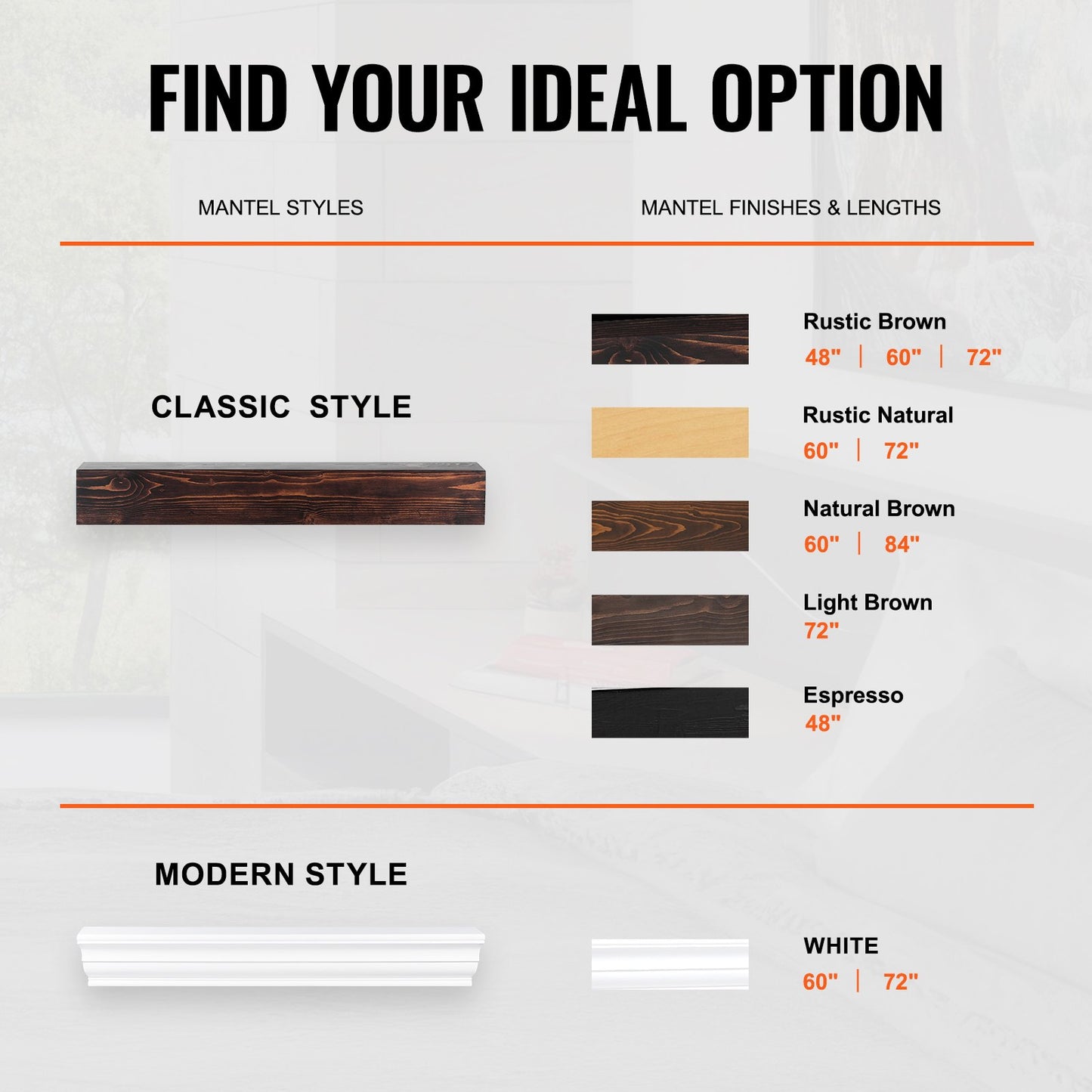 Kaminsims, Holzregal, schwebend, rustikaler Kaminsims, 121,9 cm, Braun