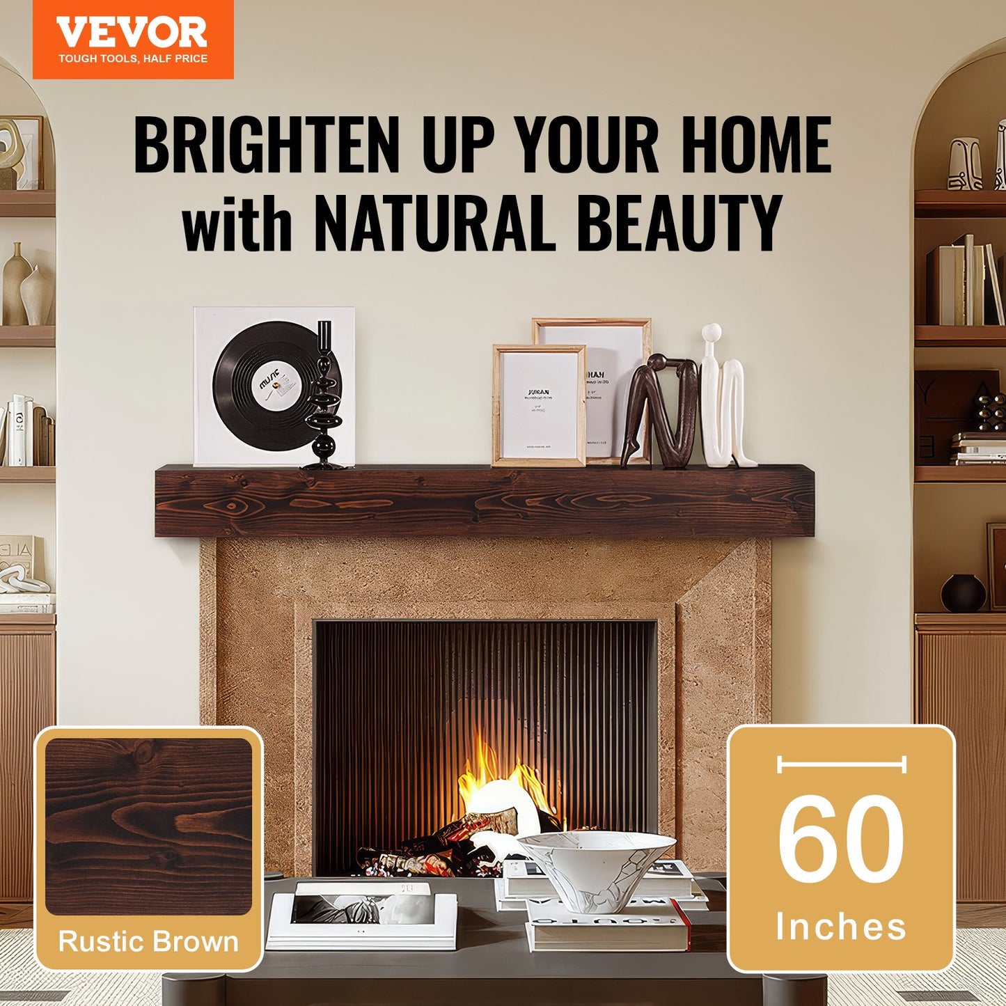 Fireplace Mantel Wood Shelf Floating Rustic Fireplace Mantel 60" Brown