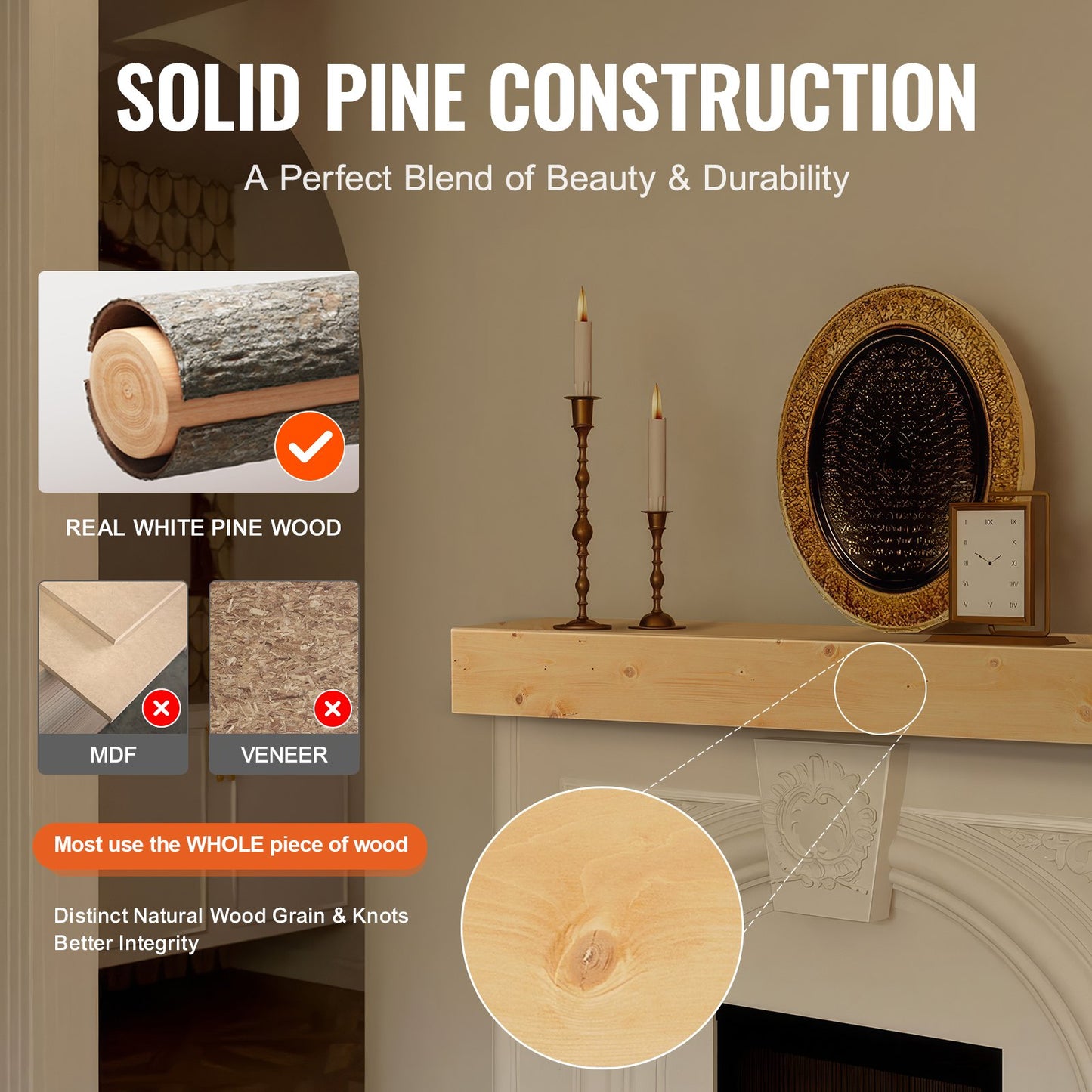 Kaminsims Holzregal Schwebender rustikaler Kaminsims 60" Natur