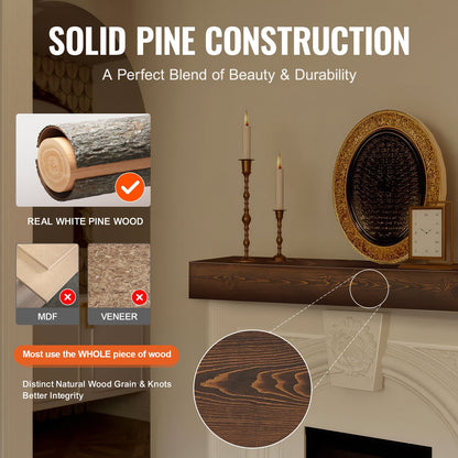 Kaminsims-Holzregal, schwebend, rustikales Kaminsims-Regal, 152,4 cm, Naturbraun