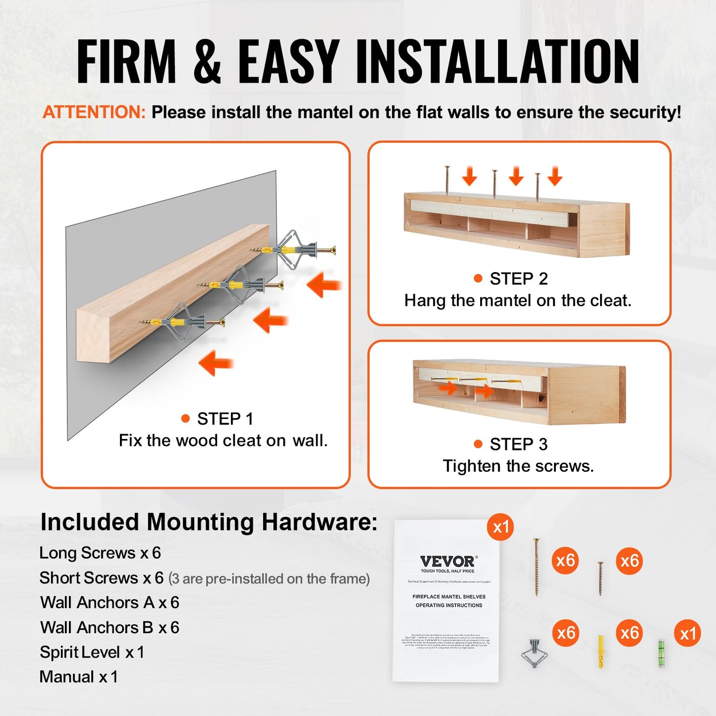 Kaminsims, Holzregal, schwebend, rustikaler Kaminsims, 183 cm, naturfarben
