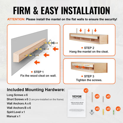 Kaminsims, Holzregal, schwebend, rustikaler Kaminsims, 183 cm, naturfarben