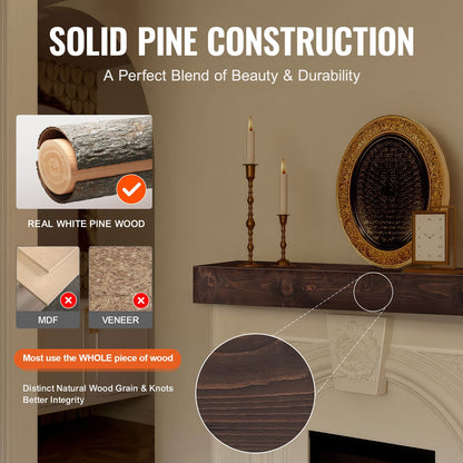 Kaminsims-Holzregal, schwebendes rustikales Kaminsims-Regal, 183 cm, Hellbraun