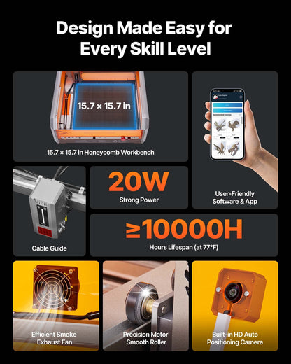 Laser Engraver, 20W, Laser Engraving and Cutting Machine with Enclosure Camera, Laser Cutter, 15.7 x 15.7 in Working Area, 30000 mm/min, for Wood, Leather, Glass, Paper, Certain Metal, Class 1