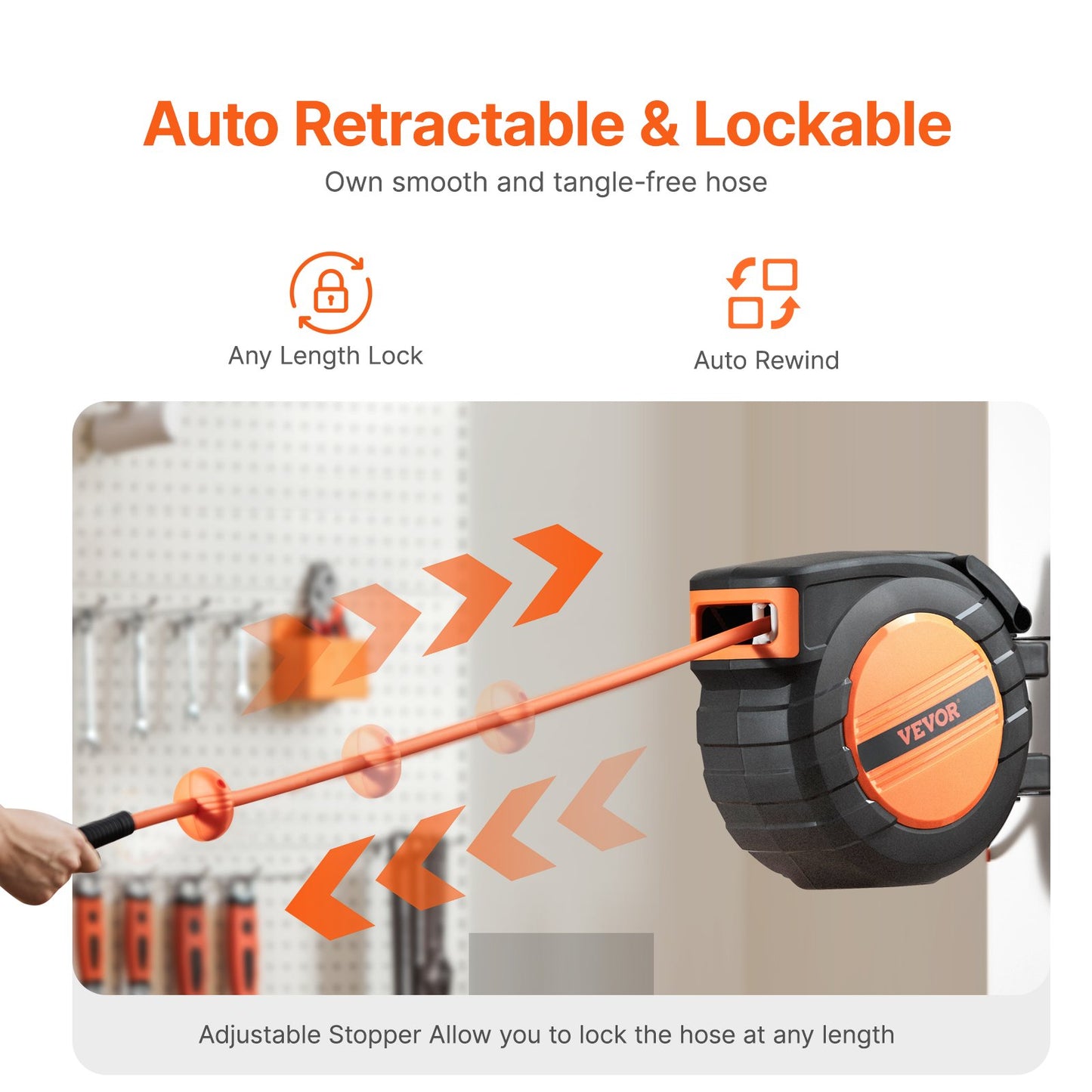 Einziehbare Luftschlauchtrommel 3/8 Zoll x 50 Fuß Hybrid-Luftschlauch geschlossen 300 PSI