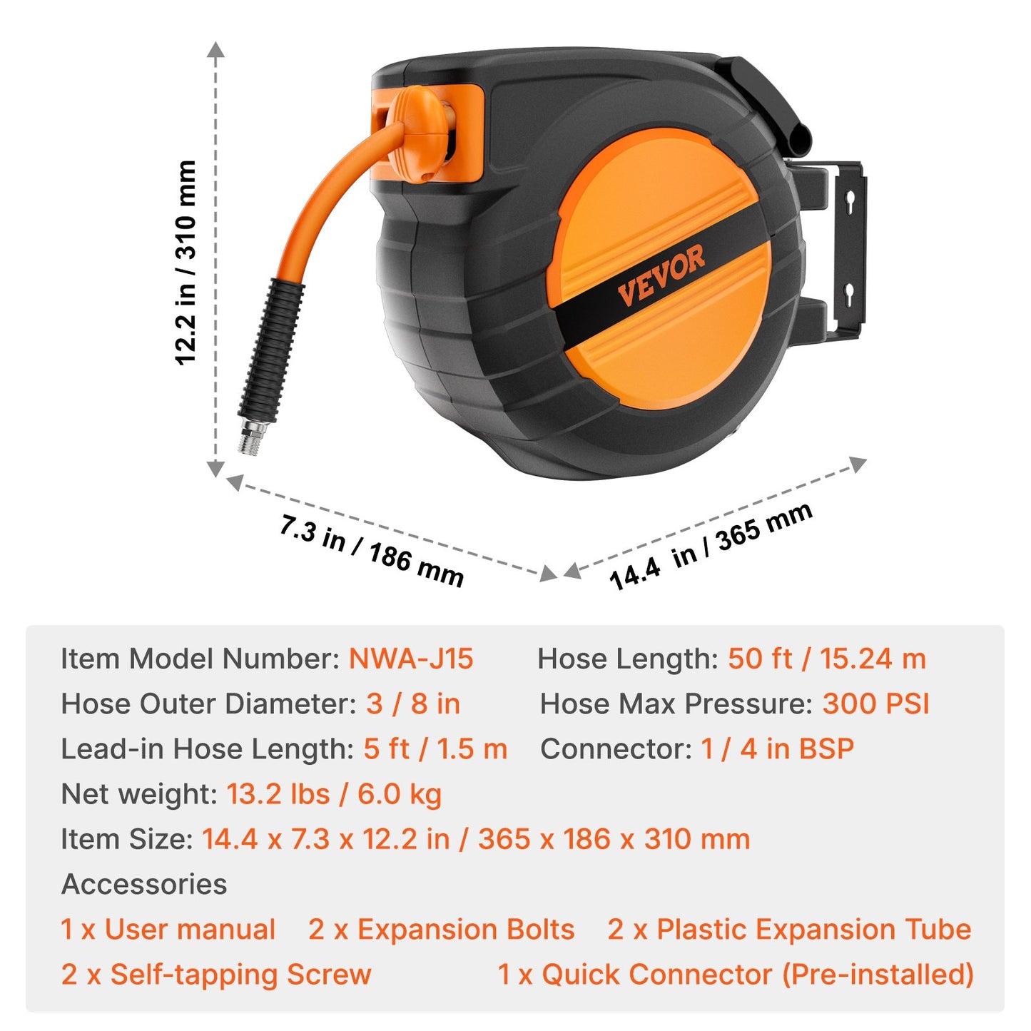 Einziehbare Luftschlauchtrommel 3/8 Zoll x 50 Fuß Hybrid-Luftschlauch geschlossen 300 PSI