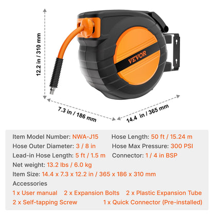 Einziehbare Luftschlauchtrommel 3/8 Zoll x 50 Fuß Hybrid-Luftschlauch geschlossen 300 PSI