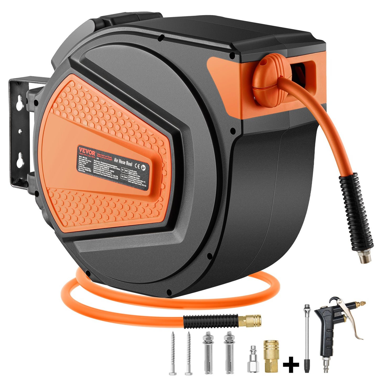 Retractable Air Hose Reel, 3/8IN x 65FT Hybrid Air Hose Max 300PSI, Air Compressor Hose Reel Auto-Rewind with 6.6 FT Lead in, Ceiling/Wall Mount Enclosed PP Reel & Built-in 180° Swivel Bracket