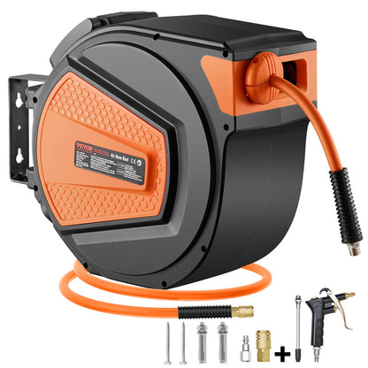 Retractable Air Hose Reel, 3/8IN x 65FT Hybrid Air Hose Max 300PSI, Air Compressor Hose Reel Auto-Rewind with 6.6 FT Lead in, Ceiling/Wall Mount Enclosed PP Reel & Built-in 180° Swivel Bracket