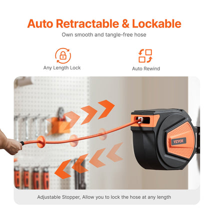 Retractable Air Hose Reel, 3/8IN x 65FT Hybrid Air Hose Max 300PSI, Air Compressor Hose Reel Auto-Rewind with 6.6 FT Lead in, Ceiling/Wall Mount Enclosed PP Reel & Built-in 180° Swivel Bracket
