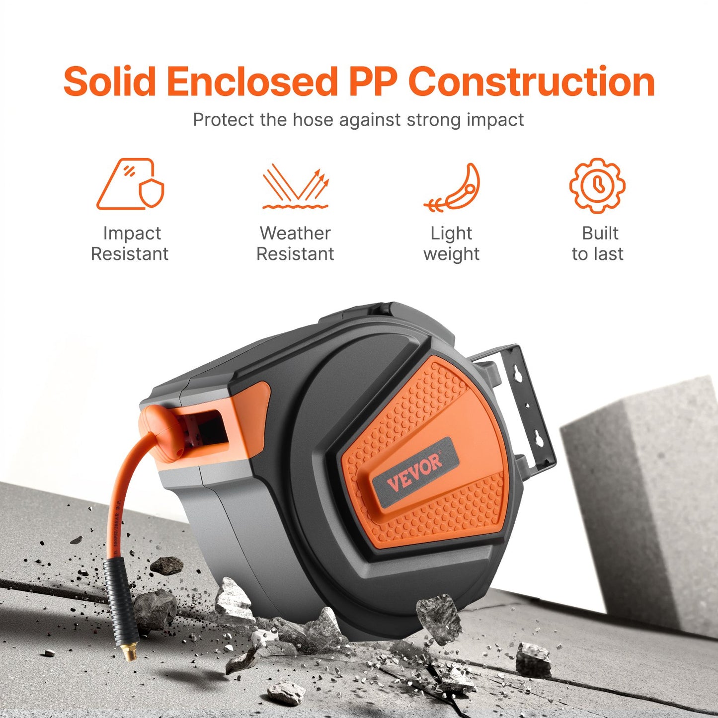 Retractable Air Hose Reel, 3/8IN x 65FT Hybrid Air Hose Max 300PSI, Air Compressor Hose Reel Auto-Rewind with 6.6 FT Lead in, Ceiling/Wall Mount Enclosed PP Reel & Built-in 180° Swivel Bracket