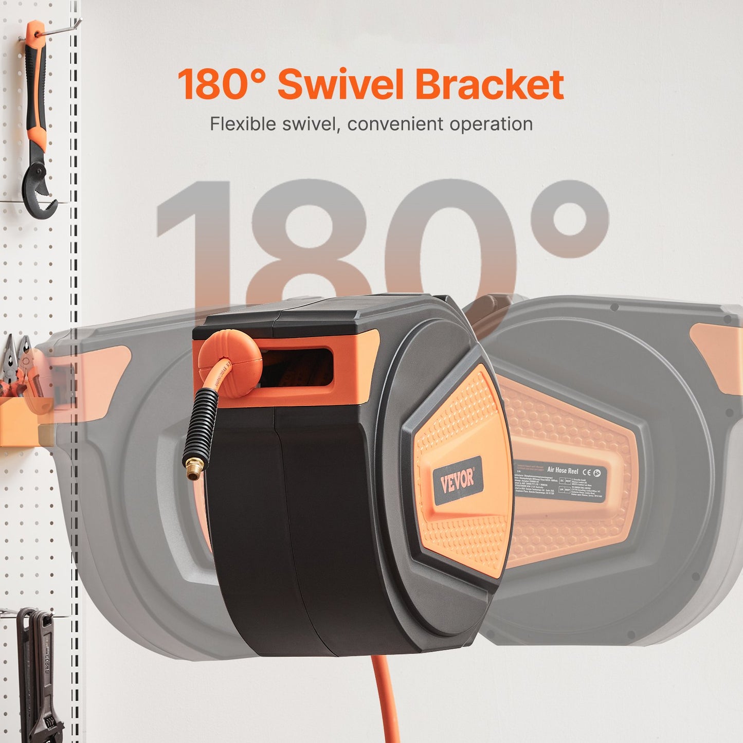 Retractable Air Hose Reel, 3/8IN x 65FT Hybrid Air Hose Max 300PSI, Air Compressor Hose Reel Auto-Rewind with 6.6 FT Lead in, Ceiling/Wall Mount Enclosed PP Reel & Built-in 180° Swivel Bracket