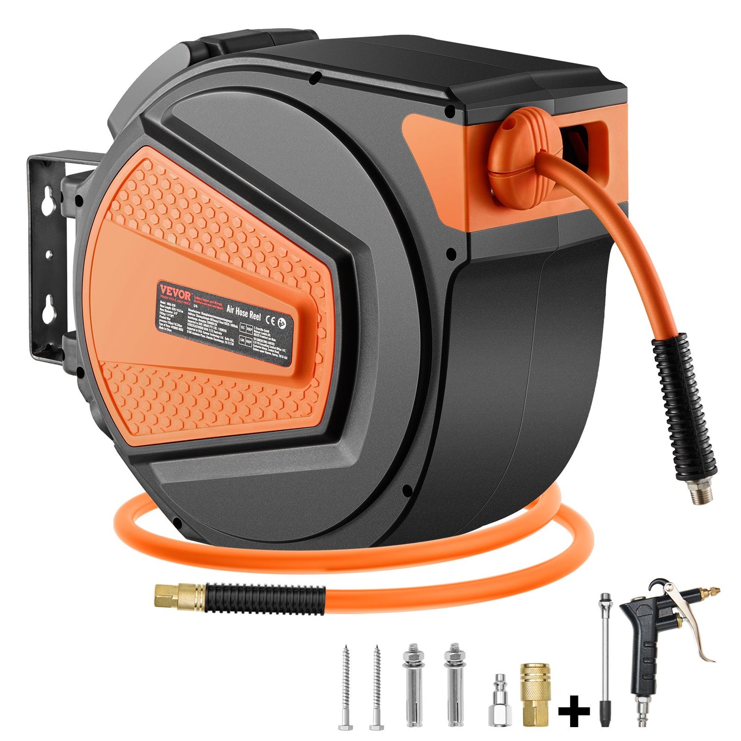 Retractable Air Hose Reel, 3/8IN x 65FT Hybrid Air Hose Max 300PSI, Air Compressor Hose Reel Auto-Rewind with 6.6 FT Lead in, Ceiling/Wall Mount Enclosed PP Reel & Built-in 180° Swivel Bracket