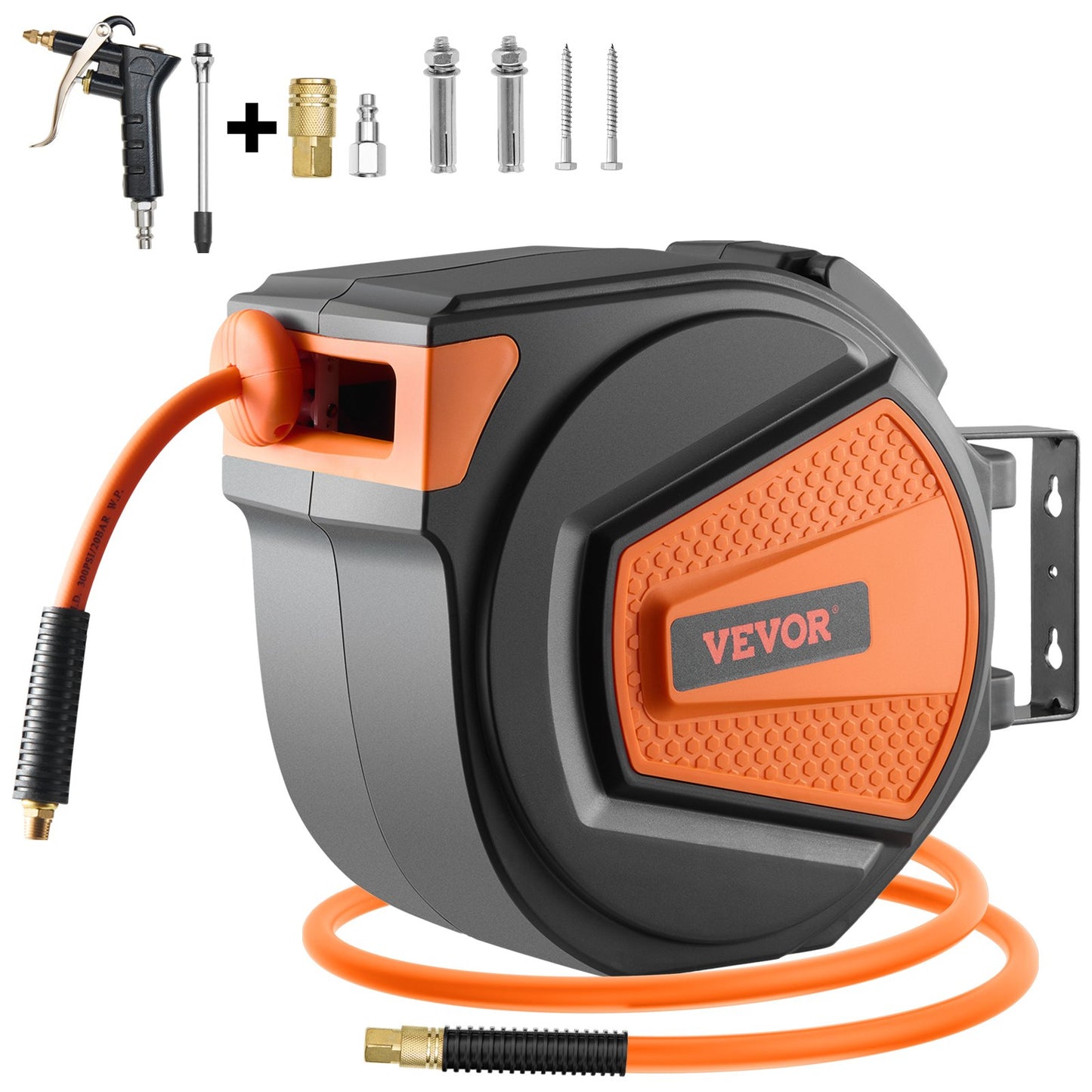 Retractable Air Hose Reel, 3/8IN x 65FT Hybrid Air Hose Max 300PSI, Air Compressor Hose Reel Auto-Rewind with 6.6 FT Lead in, Ceiling/Wall Mount Enclosed PP Reel & Built-in 180° Swivel Bracket