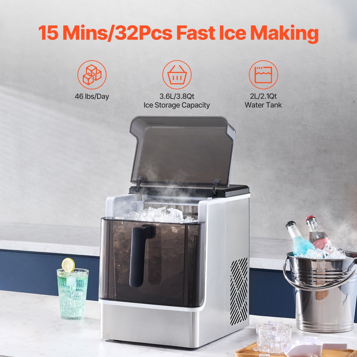 Countertop Ice Maker, 32 Cubes Ready in 15 Mins, 46lbs in 24Hrs, Self-Cleaning Portable Ice Maker with Convenient Ice Transfer, Ice Machine with 3 Sizes Ice Cube for Home Kitchen Office Party