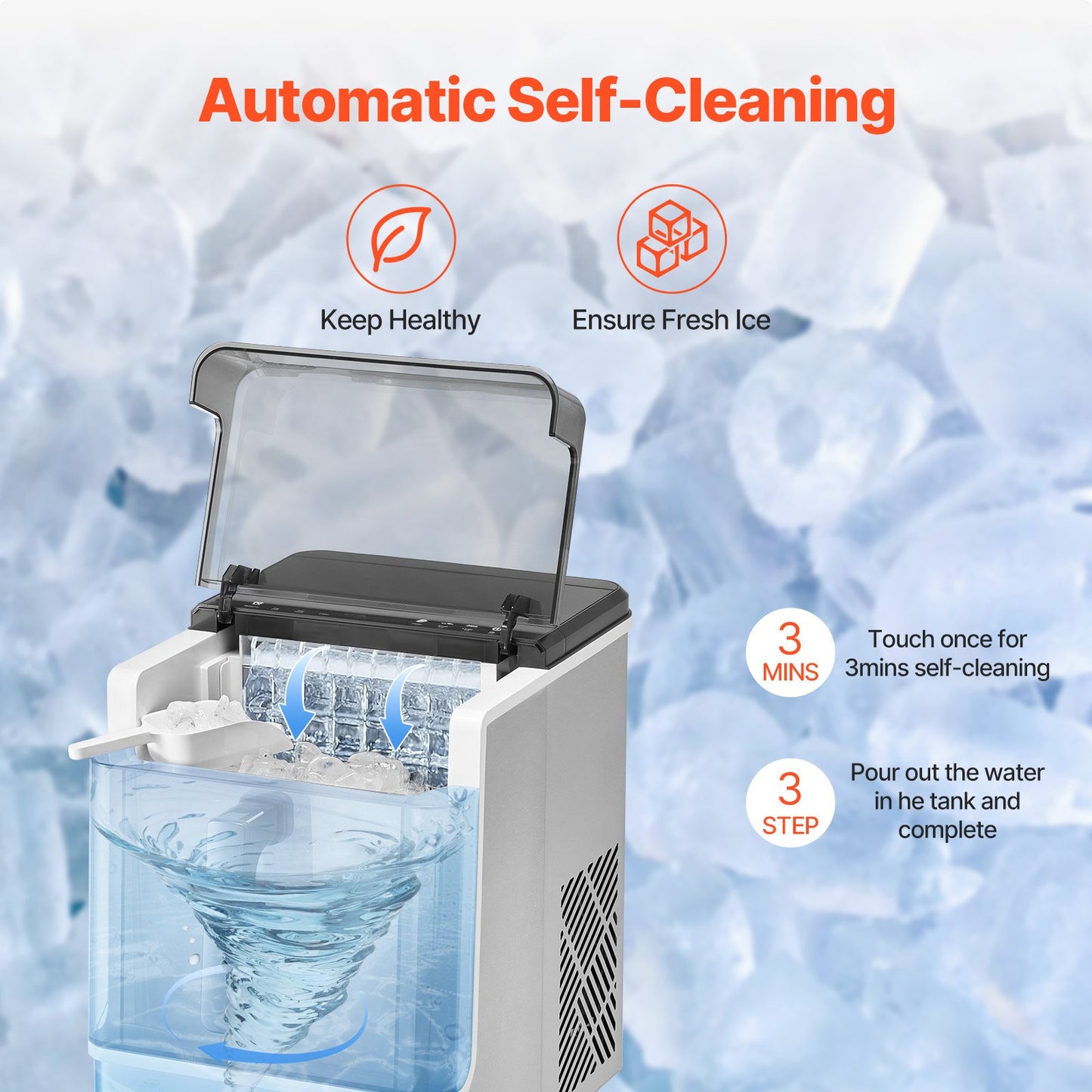 Countertop Ice Maker, 32 Cubes Ready in 15 Mins, 46lbs in 24Hrs, Self-Cleaning Portable Ice Maker with Convenient Ice Transfer, Ice Machine with 3 Sizes Ice Cube for Home Kitchen Office Party