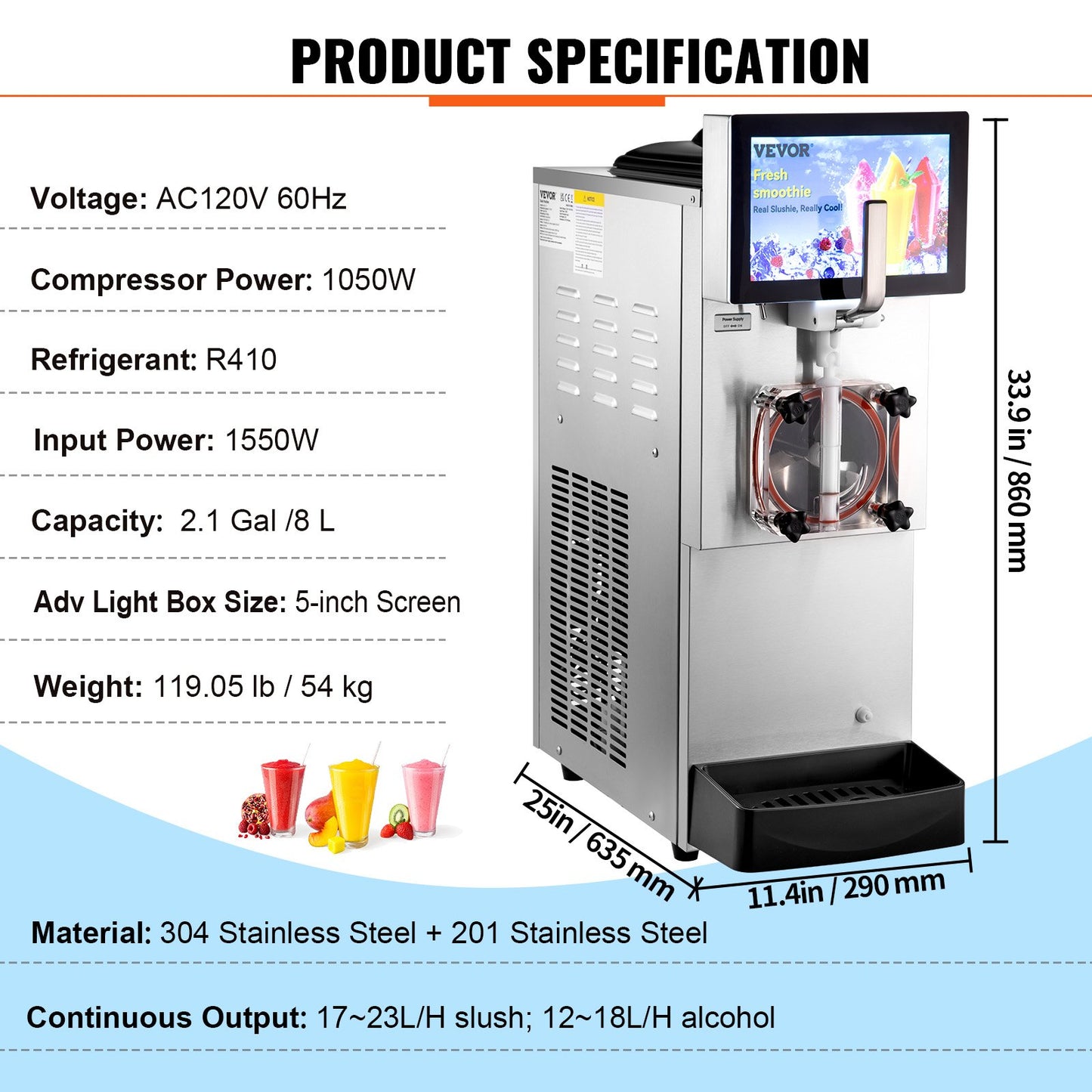 Commercial Slushy Machine, 8L / 2.1 Gal Single Bowl, Cool and Freeze Modes, 1050W Stainless Steel Margarita Smoothie Frozen Drink Maker, Slushie Machine for Party Cafes Restaurants Bars Home