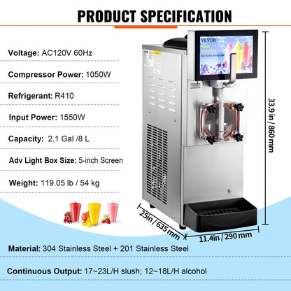 Commercial Slushy Machine, 8L / 2.1 Gal Single Bowl, Cool and Freeze Modes, 1050W Stainless Steel Margarita Smoothie Frozen Drink Maker, Slushie Machine for Party Cafes Restaurants Bars Home
