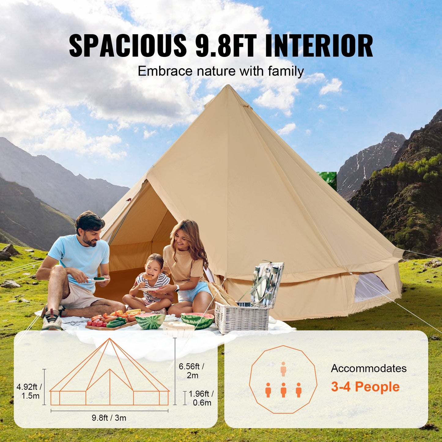 Canvas Bell Tent, 4 Seasons 3 m/9.8ft Yurt Tent, Canvas Tent for Camping with Stove Jack, Breathable Tent Holds up to 4 People, Family Camping Outdoor Hunting Party