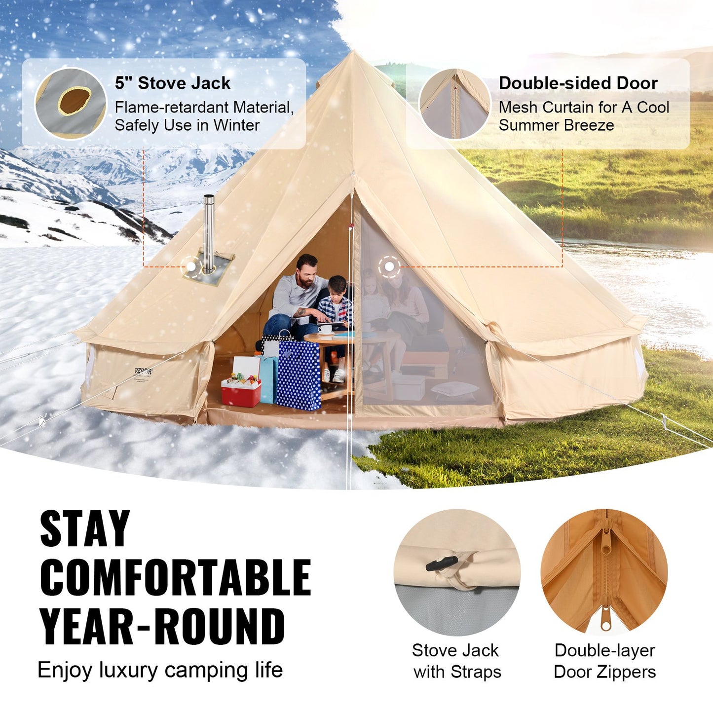 Canvas Bell Tent, 4 Seasons 6 m/19.68 ft Yurt Tent, Canvas Tent for Camping with Stove Jack, Breathable Tent Holds up to 10 People, Family Camping Outdoor Hunting Party