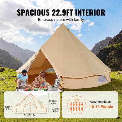 Canvas Bell Tent, 4 Seasons 7 m/22,97 ft Jurt-tält, Canvas-tält för camping med spisjack, andningsbart tält Rymmer upp till 12 personer, familjecamping utomhusjaktfest