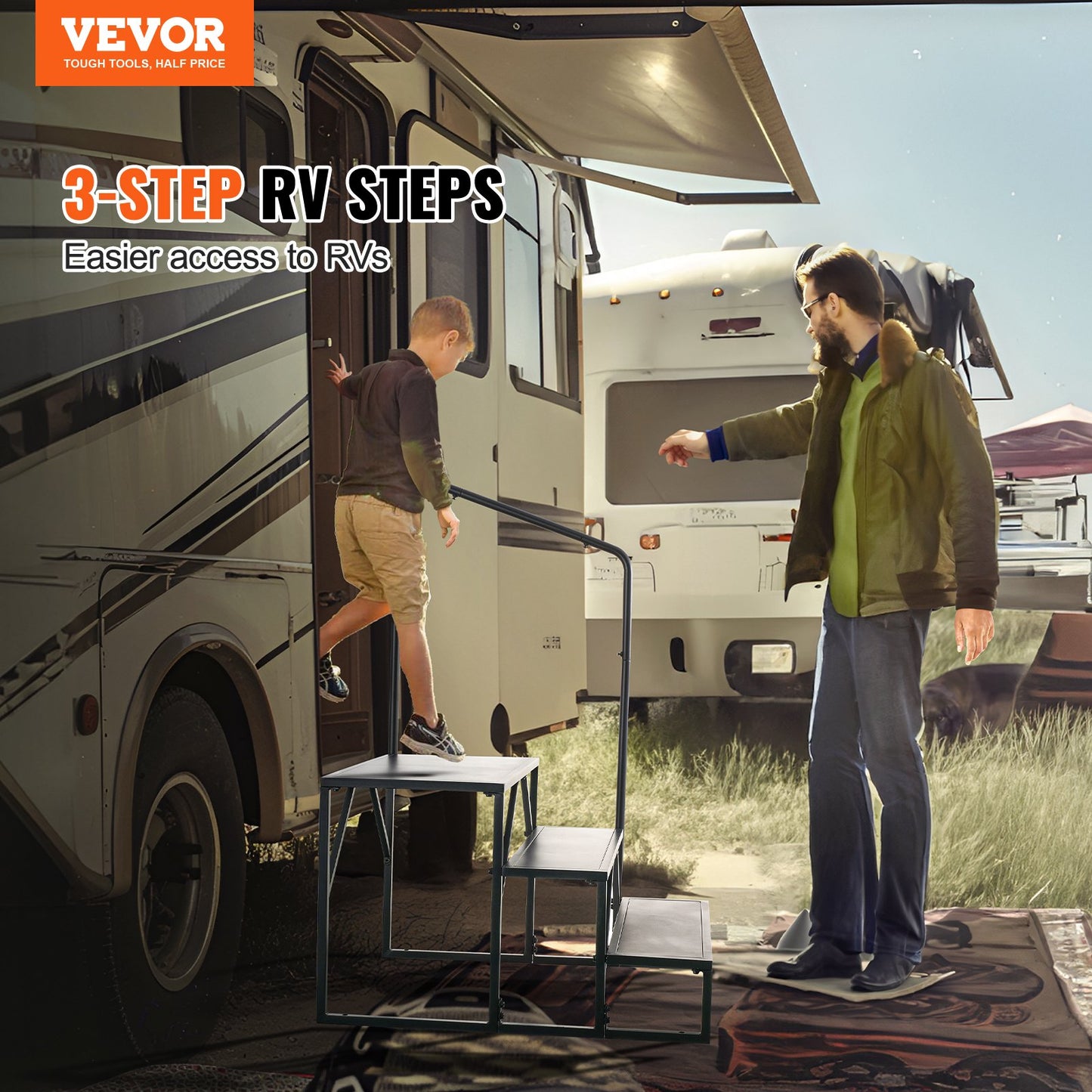 RV-trappsteg, 3-stegs husbilstrappa, 440 LBS lastkapacitet, förtjockat kolstål, med ledstång, halkfria steg för säker in- och utstigning, kostym för husbil, släp, husbilstrappor