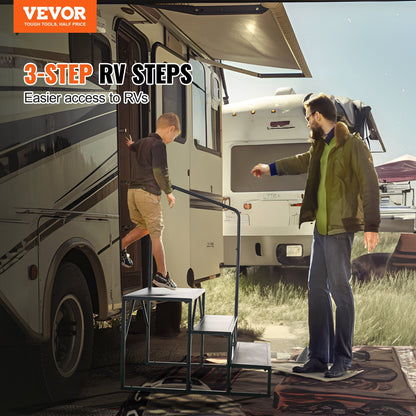 RV-trappsteg, 3-stegs husbilstrappa, 440 LBS lastkapacitet, förtjockat kolstål, med ledstång, halkfria steg för säker in- och utstigning, kostym för husbil, släp, husbilstrappor