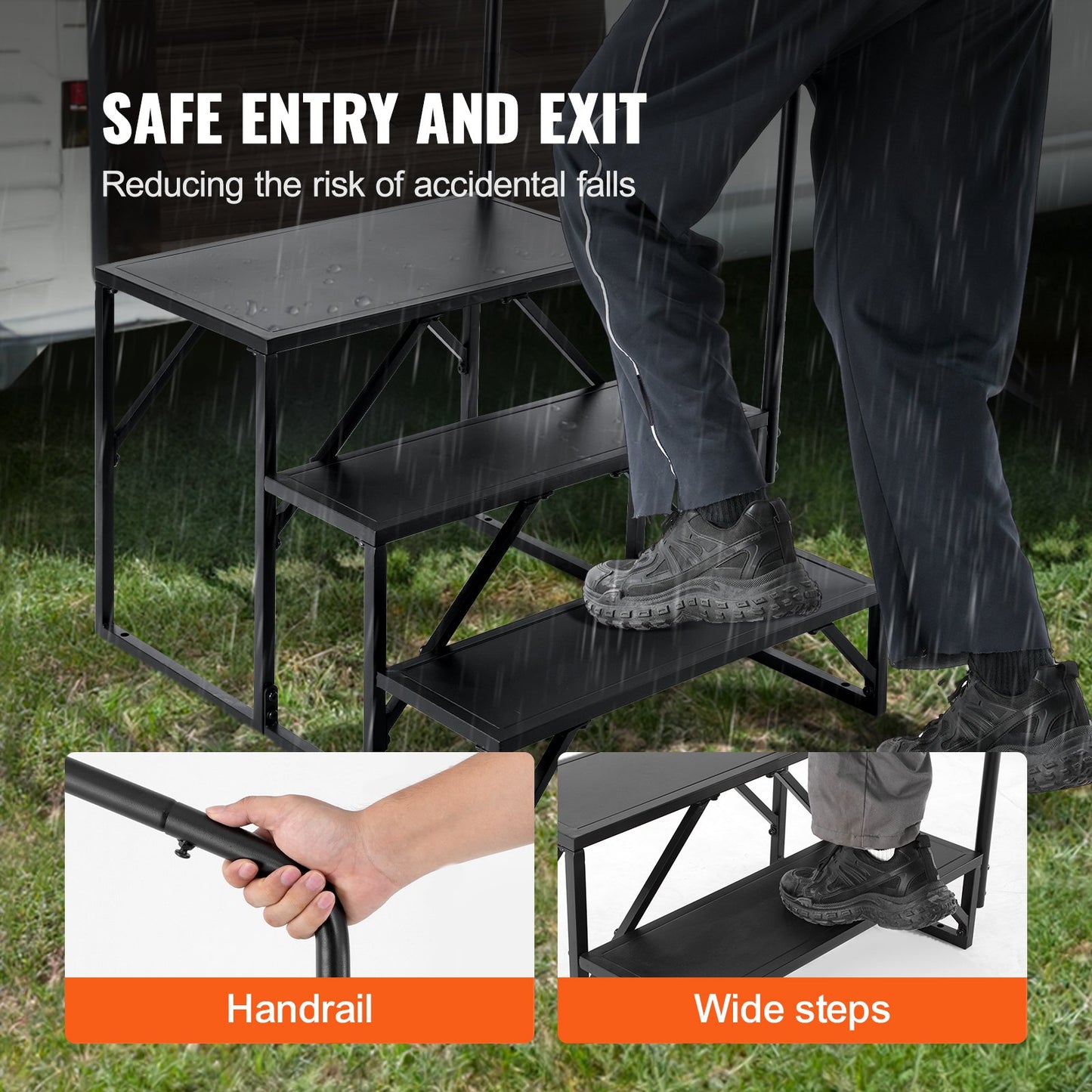 RV-trappsteg, 3-stegs husbilstrappa, 440 LBS lastkapacitet, förtjockat kolstål, med ledstång, halkfria steg för säker in- och utstigning, kostym för husbil, släp, husbilstrappor