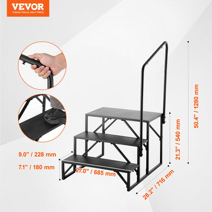 RV Steps, 3-Step RV Stairs, 440 LBS Load Capacity, Thickened Carbon Steel, With Handrail, Non-Slip Steps for Safe Entry and Exit, Suit for RV, Trailer, Camper Steps