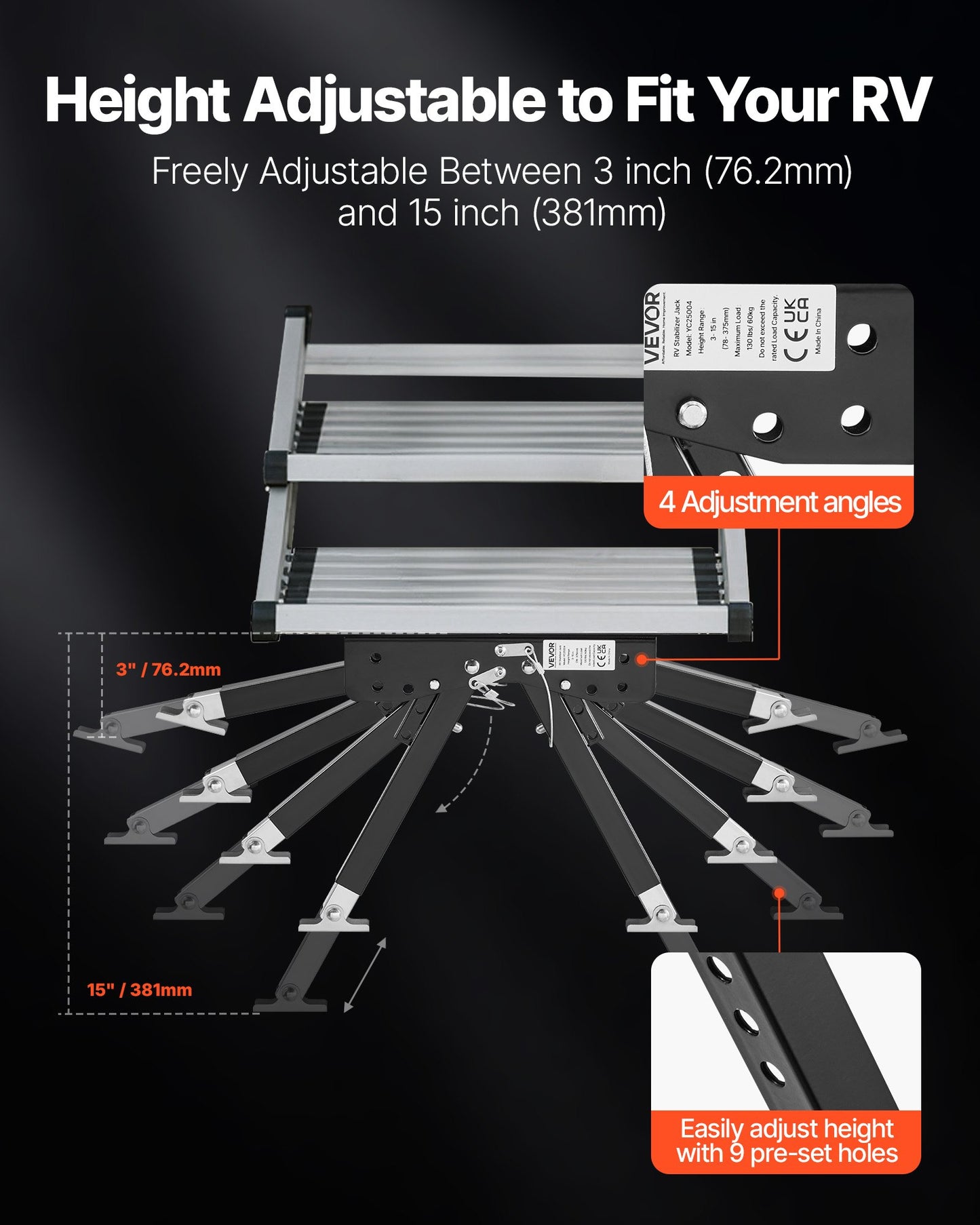 RV Step Stabilizer, Height Adjustable Step Stabilizer Kit, Camper Stair Stabilizers with Powder Coated Steel for 5th Wheels, Travel Trailers and Motorhomes, Adjustable from 3 inch to 15 inch
