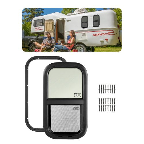 Vertical RV Window, 12" W x 22" H Tinted Sliding RV Window with Net Screen & Trim Ring, Fit 15/16" - 1 3/4" Thickness Wall, RV Window Replacement for Teardrop Cargo Trailer Camper, DOT Approved