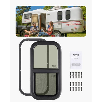Vertical RV Window, 12" W x 24" H Tinted Sliding RV Window with Net Screen & Trim Ring, Fit 15/16" - 1 3/4" Thickness Wall, RV Window Replacement for Teardrop Cargo Trailer Camper, DOT Approved